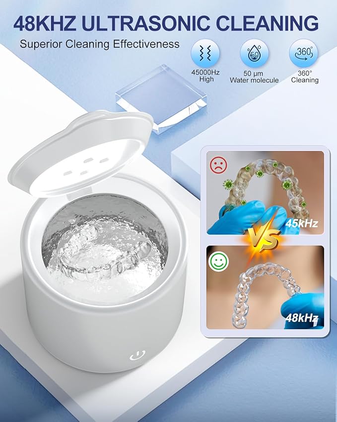 Ultrasonic Retainer Cleaner, 48kHz Denture Cleaner, Retainer Cleaning Machine for Denture, Retainer, Aligner, Jewelry, Mouth Guard, Brace, Toothbrush, Pacifier, Razor, 3 Modes Jewelry Cleaner-White