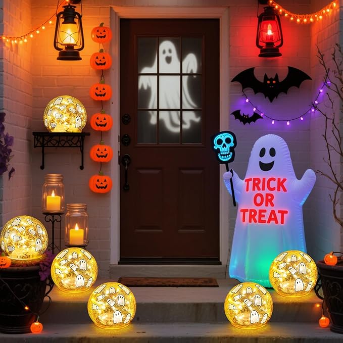 2 Pcs Halloween Decorations Indoor 4" Ghost Crackle Glass Globe Ball Lamp Night Lights with LED Timer Battery Operated Lighted Decorative Tabletop Decor for Table Home Centerpiece Party Gift