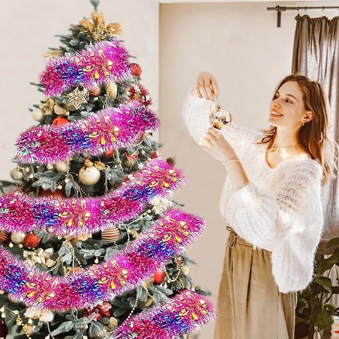 33Ft Long Tinsel Twist Garland Shiny Thick Metallic Foil Xmas Tree Decorations for Birthday Party Christmas New Year Parties Parade Floats and Other Holidays Hanging Decor Supplies-(Colours+Pink)
