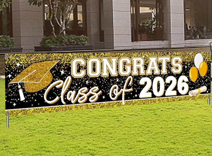 Large Congrats Grad Banner Gold Class of 2026 Banner Backdrop Graduation 2026 Yard Sign for Graduation Party Supplies Graduation Decorations 2026 (Gold)