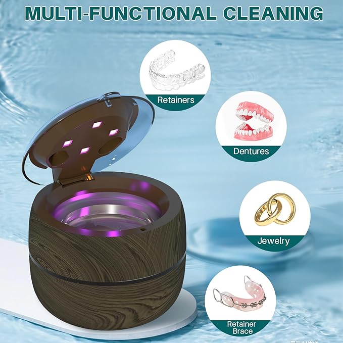 Voraiya Dental Ultrasonic Retainer Cleaner Machine, 45kHz Denture Cleaning Pod with 4 Modes Digital Timer for Aligner, Mouth Night Guard, Braces, Toothbrush, Jewelry, Ring