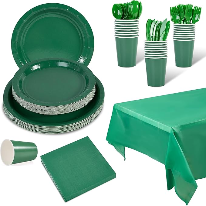 Ottin 169PCS Green Party Supplies for 24 Guests – Disposable Paper Plates, Napkins, Cups, Forks, Knives, Spoons & Tablecloth for Birthday, Wedding, Halloween, Thanksgiving, Christmas, and New Year