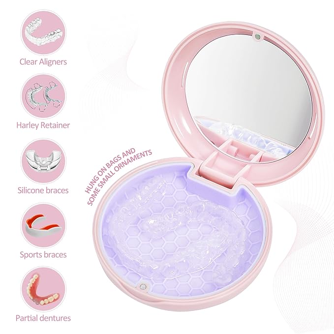 Retainer Case with Mirror,Slim Aligner Case with Vent Holes,Cute Dental Brace Box with Retainer Removal Tool and Brush (Pink)
