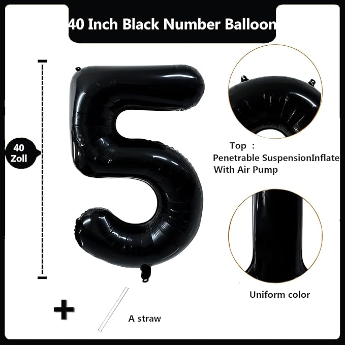 40 inch Black 5 Number Balloon Giant Foil Helium Balloons Black Large Digital Balloon 5 Number 5 Balloons for 5th Birthday Party Decorations Anniversary Events Decoration Supplies