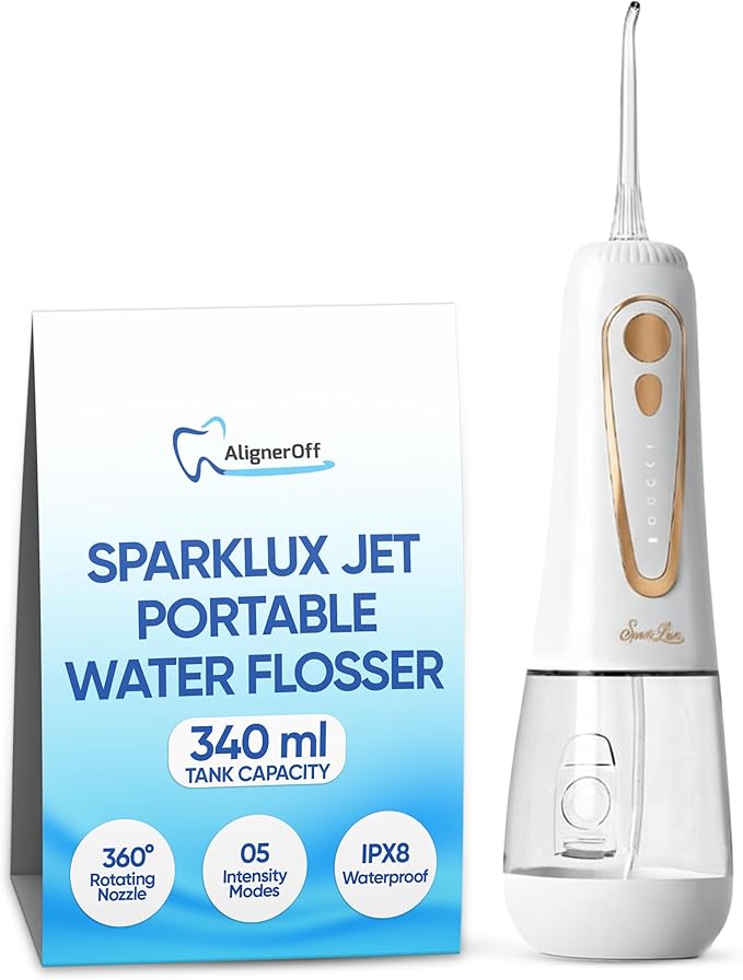 Aligner Off Sparklux Jet Water Flosser - Cordless & Rechargeable, Waterproof Design, Ideal for Teeth, Braces & Gum Care, Sleek White Finish with Rose-Gold Trim - FSA Eligible