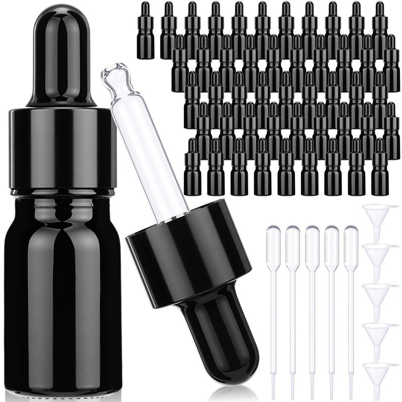 Patelai 48 Pcs 5 ml/ 0.2 oz Frosted Glass Dropper Bottles Essential Oil Bottles with Eye Dropper and Bamboo Lids Perfume Sample Essence Liquid Cosmetic Containers and Funnels (Black)