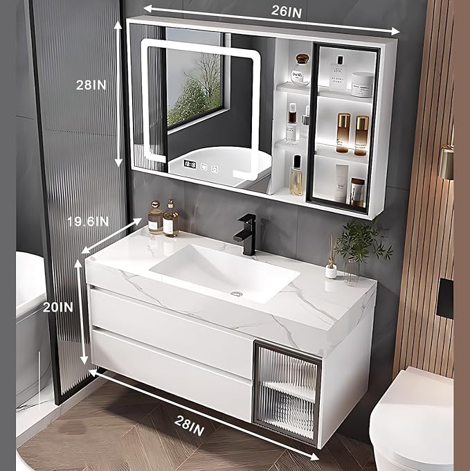 White 28IN Modern Bathroom Vanity - Wall-Mounted Bathroom Storage Cabinet & Bathroom Vanity with Sink, Bathroom Medicine Cabinet Wall Mounted, Defogging & Led Lighting | Bathroom Cabinet Slim
