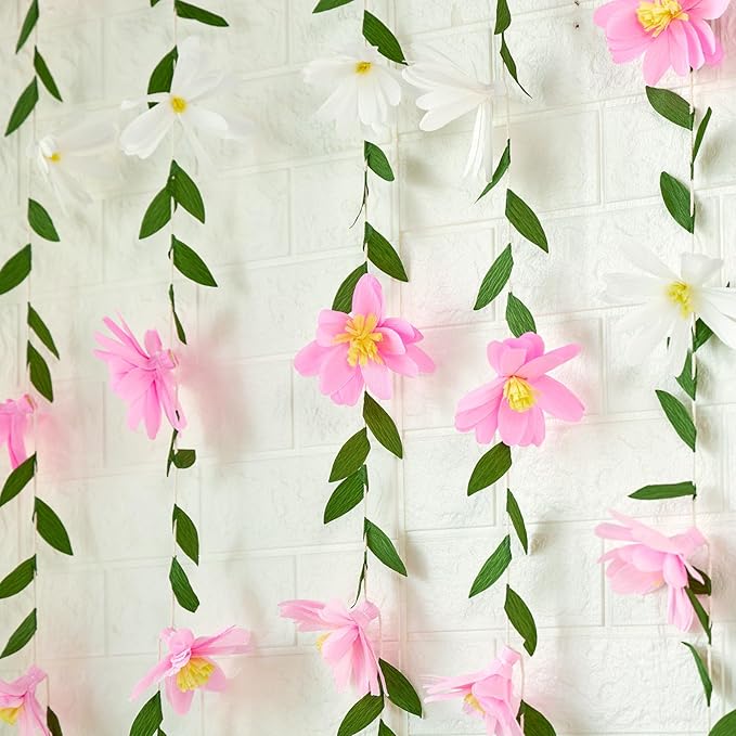 2PCS Paper Flower Garland, Paper Leaves Banner Vine Flowers with Green Leaves Crepe Flower Garland Decorations for Wall Anniversary Wedding Birthday Arch Decor-Pink
