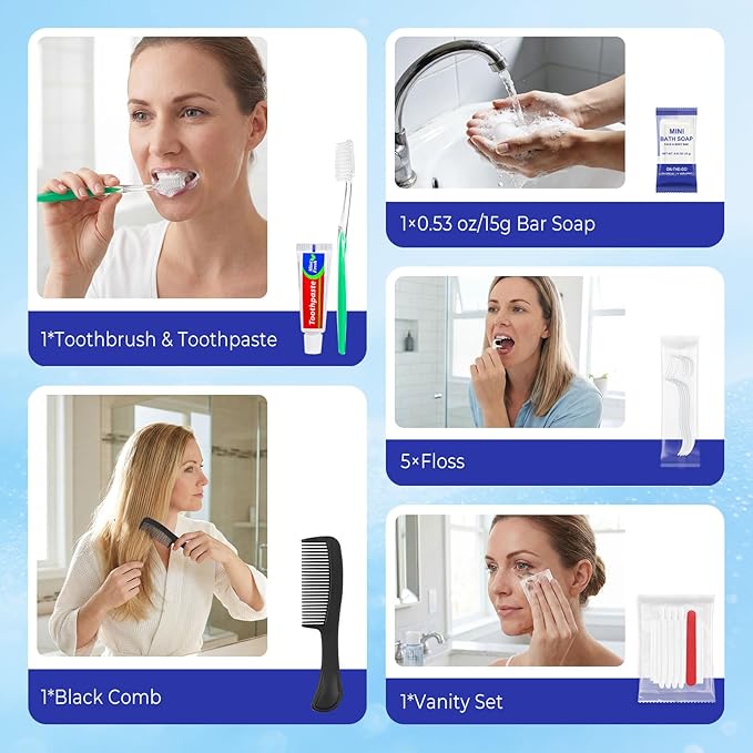 Xuezoioy 5 Sets Personal Hygiene Kit Bulk,9-in-1 Green Disposable Toothbrushes with Toothpaste Floss Comb Soap Cover and Hotel Vanity Set Basic Travel Toiletry Supplies for Homeless,Travel,Guests