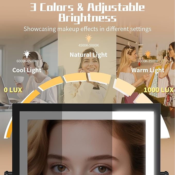 Wall Mounted Makeup Mirror with Lights 4000mAh Rechargeable Double Sided 1X/10X Magnifying Lighted Vanity Mirror with 3 Color Lights & Touch Dimmable 360° Rotation Extension Swing Arm for Bathroom