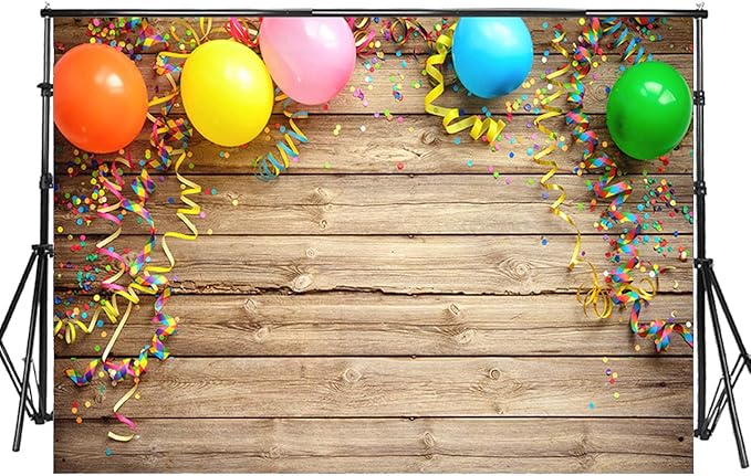 Sensfun 7x5ft Wood Photography Backdrop Colorful Carnival Balloons Streamers on Rustic Wooden Board Photo Background for Happy Birthday Party Cake Table Photobooth Banner Photo Studio Props(WP045)
