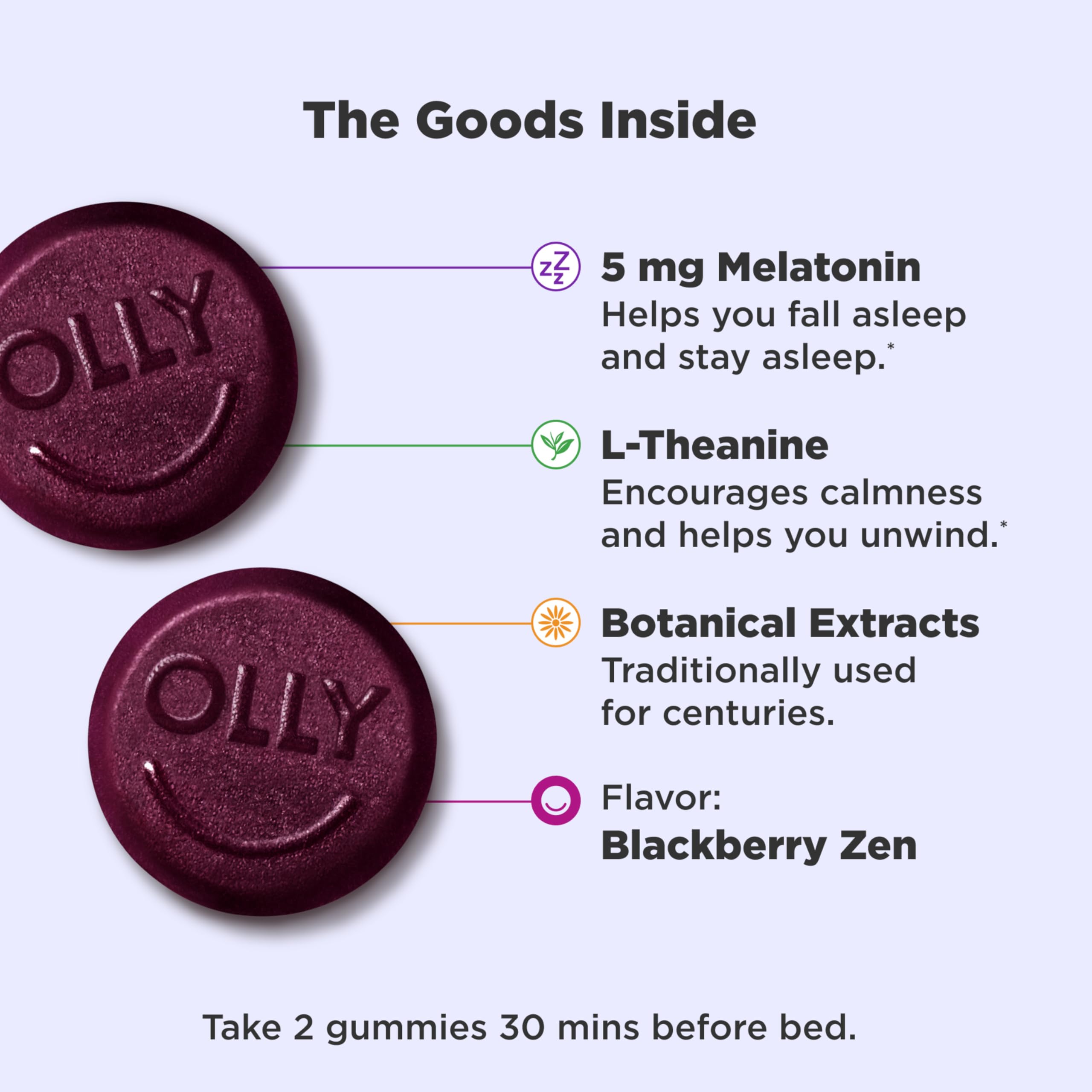 OLLY Extra Strength Sleep Gummy, Occasional Sleep Support, 5 mg Melatonin, L-Theanine, Chamomile, Lemon Balm Extracts, Sleep Aid, Blackberry Flavor - 70 Count (Packaging May Vary)