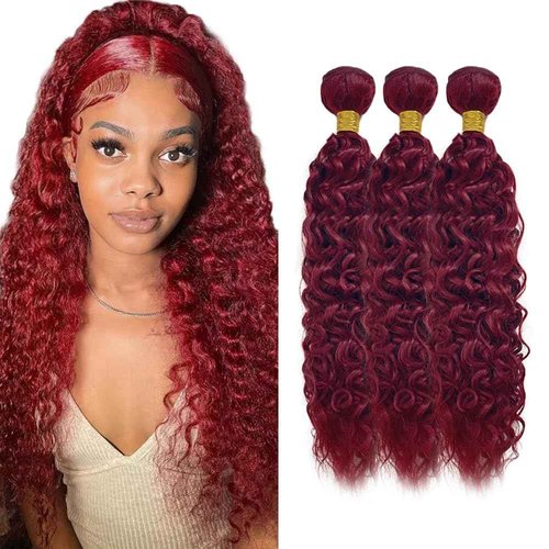 Fabimiya Human Hair Bundles Burgundy 99J Water Wave 16 18 20 Inch Bundles Human Hair 100% Unprocessed Burgundy Soft Sewn In Hair with Double Weft for Black Women