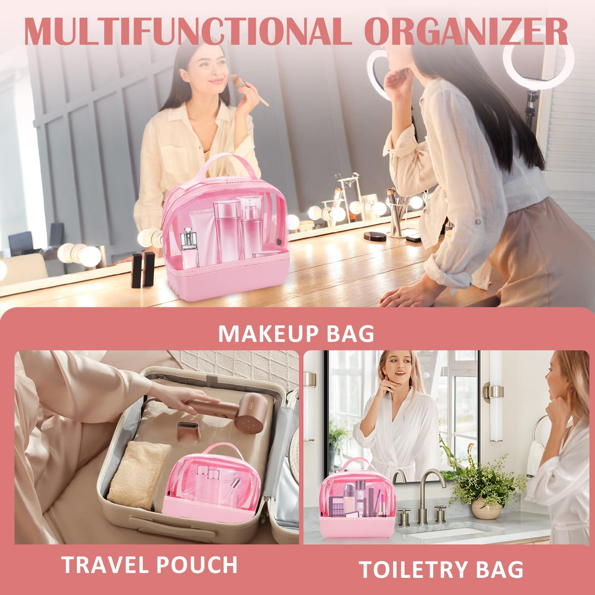 Chokoter Clear Small Makeup Bag, Makeup Pouch Toiletry Bags for Traveling Women, Cosmetic Bag with Waterproof Anti-slip EVA Bottom (Pink)