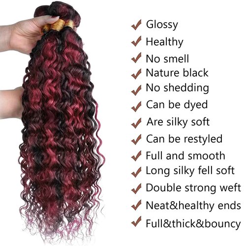 Fabimiya 20 22 24 inch Burgundy P1B/99J Deep Wave Human Hair Bundles Wine Red Human Hair Bundles Unprocessed Burgundy Soft Sewn In Hair with Double Weft for Black Women