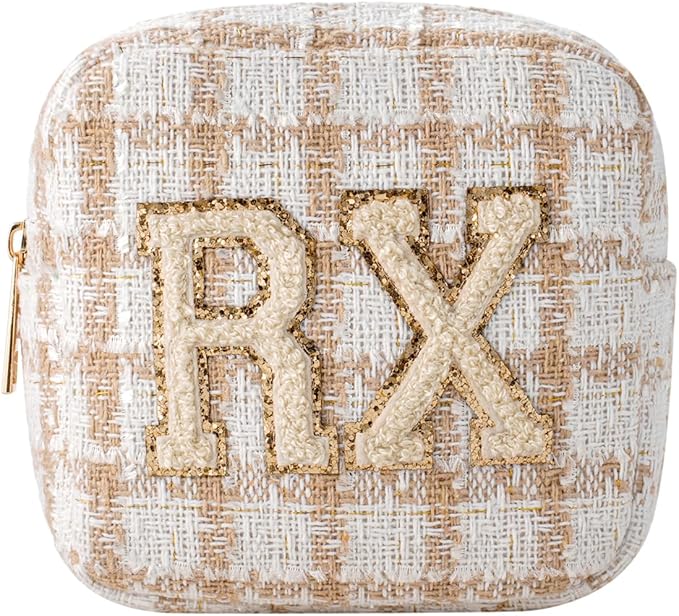 uekeboag Personalized Small Checkered Medicine Cosmetic Bag, Cute Plaid Pattern Chenille Letter Patch RX Drug Pouch with Zipper, Makeup Travel Gift Bag for Women and Girls (07Checkered)