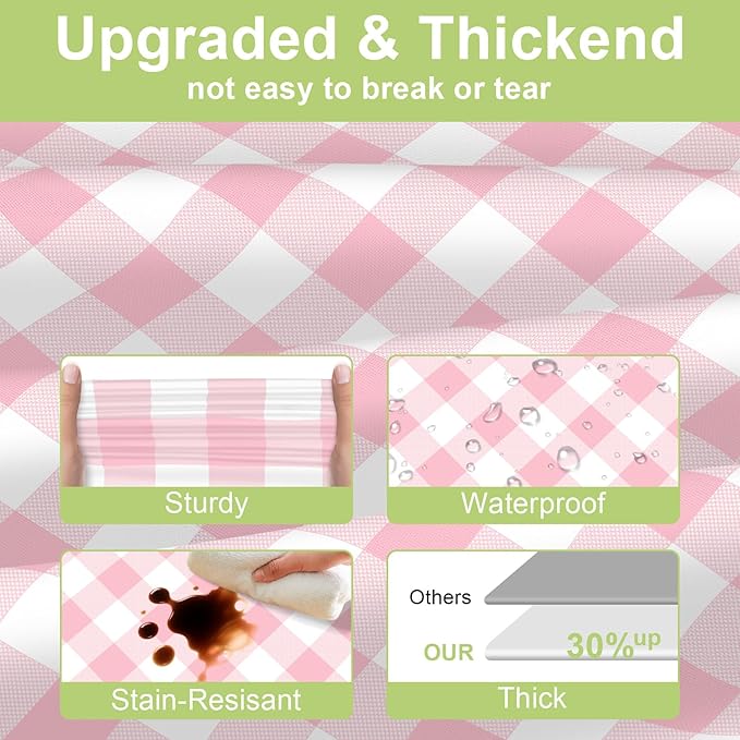 QIKSION Pink Gingham Tablecloth Disposable 3 Pack, 54 x 108 Inch Pink and White Checkered Table Cloth for Baby Shower, Easter, Mothers Day Decorations, Birthday Party, Rectangle, Plastic Table Cover