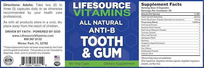 LifeSourceVitamins Tooth & Gum - Anti-B - Support - 90 Caps - Proprietary Formula - LVs, 1 Count (Pack of 1)