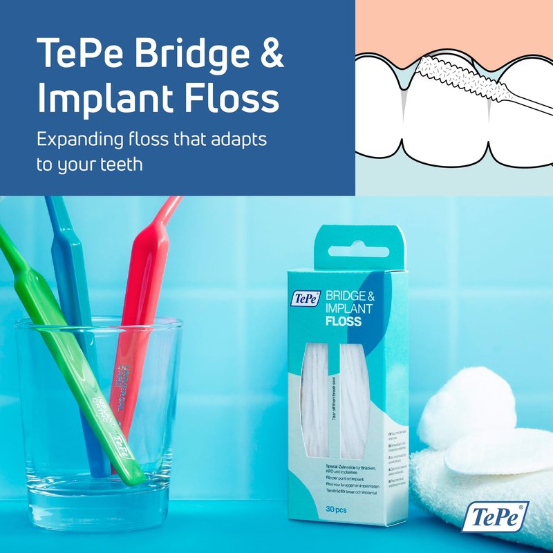 TePe Bridge and Implant Floss for Dental Implants, Bridges, and Braces, Dental Flossers, 30 Pieces