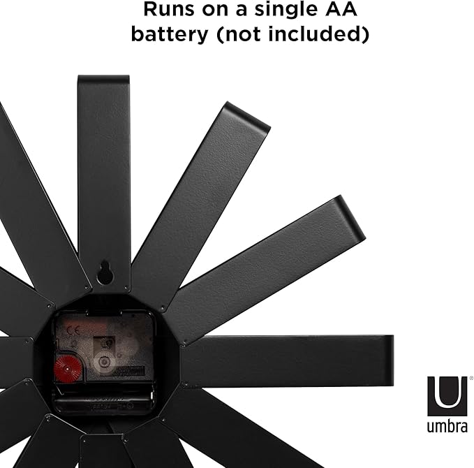 Umbra Ribbon Modern 12-inch Wall Clock, Battery Operated Quartz Movement, Silent Non Ticking Wall Clocks, Black