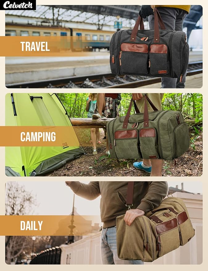 Canvas Duffle Bag for Travel 50L Expandable Travel Duffel Bags for Men Women Overnight Weekend Gym Bag with Shoes Compartment - Brown