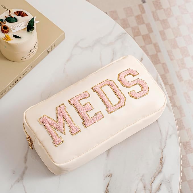 2Pcs Chenille Letter Patch Nylon Medicine Makeup Bag Set,Cute MEDS Travel Makeup Bag with Metal Zipper, First Aid Purse Organizer Cosmetic Bag for Women and Girls(Beige MEDS-RX)
