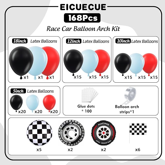 Race Car Balloon Arch Kit - 168Pcs Different Size Balloons Tire Flags Checkered Black Red Blue Balloon Garland Kit for Racing Car Two Fast 2nd Theme Boy Birthday Anniversary Party Decorations
