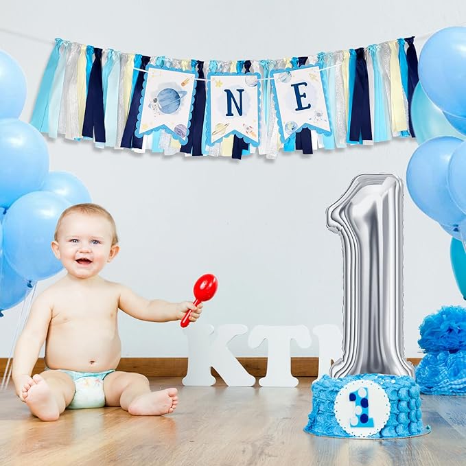 1st Birthday Outer Space High Chair Banner, First Trip Around the Sun Boy First Birthday Party Decor, Astronaut Rocket Space Theme High Chair ONE Banner