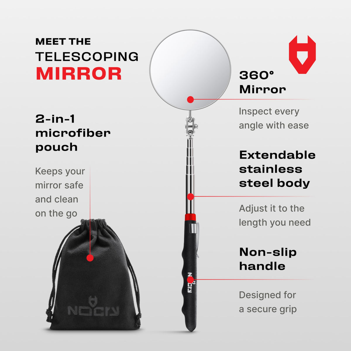 NoCry Heavy Duty Telescoping Inspection Mirror — 3.23 Inch Round Mirror on a Stick; 2-in-1 Storage Pouch; Extendable Mirror up to 30in; Non-Slip Handle; 360° Inspection Mirror Telescoping Swivel Head
