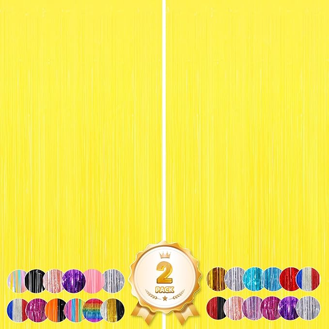2Pack Pastel Yellow Foil Fringe Backdrop Curtains Tinsel Streamers Birthday Party Decorations, Macaron Yellow Fringe Backdrop for Graduation, Gender Reveal, Disco Party, Bachelorette Xmas Party Decors