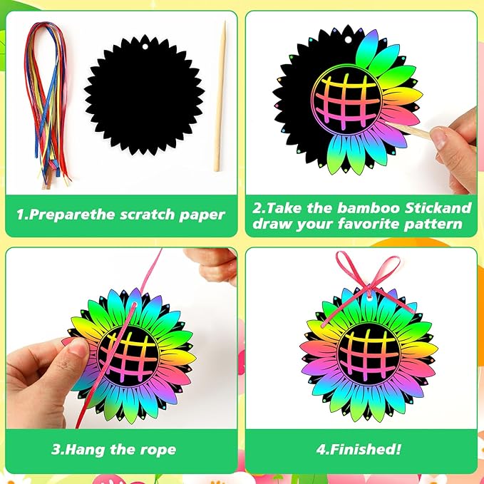 JULMELON 36 Pcs Spring Bugs Scratch Cards, Flower Rainbow Magic Color Art Crafts Kit with 12 Bamboo Stylus and 36 Ribbon for Kids School Classroom DIY Spring Crafts Art Project