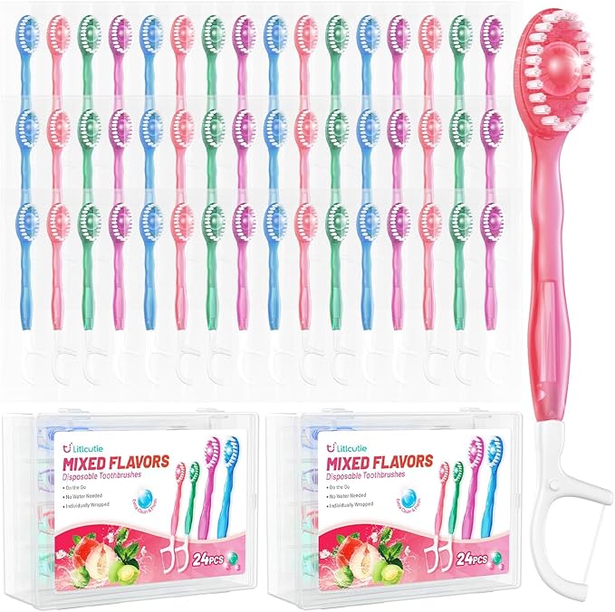 48 Pack 5-in-1 Disposable Toothbrushes with Toothpaste, Floss, Pick & Tongue Scraper, Portable Mini Toothbrush Travel Set for Kids Adults, Individually Wrapped, Work Camping, Mixed Flavor