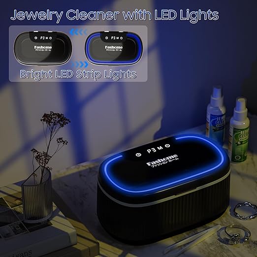 Ultrasonic Cleaner Set with Basket & Light, 304 Stainless Steel Tank, Includes 2×100ml Cleaning Solutions for Silver, Gold, Diamond Rings, Retainers, Glasses, Dentures & Watches