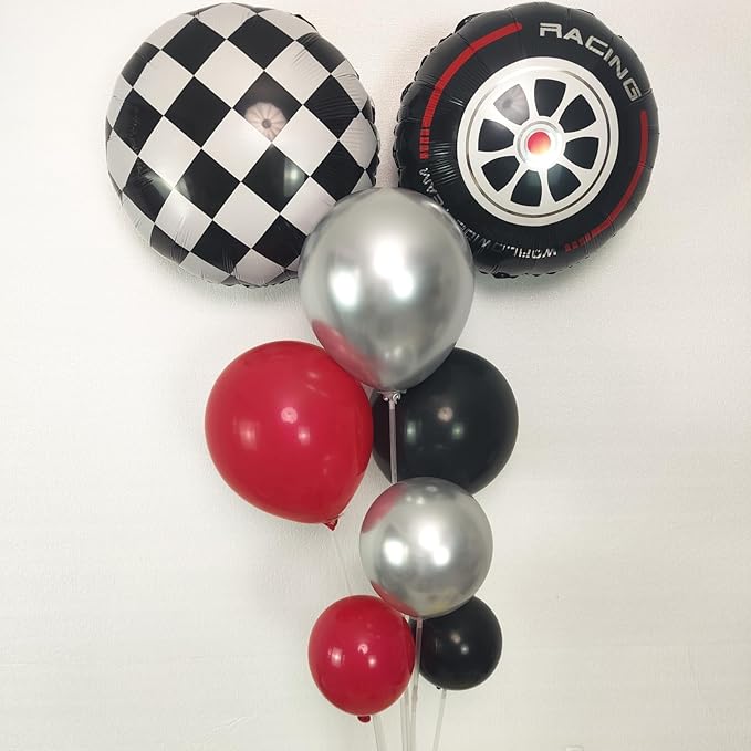 128pcs Race Car Balloon Garland Arch Kit, with 29 in Foil Tire Balloon and Black White Checkered Foil Fringe Backdrop for Race Car Two Fast Baby Shower Birthday Party Decorations