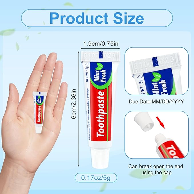 100 Tubes Bulk Travel Size Mini Toothpaste, 0.176oz Disposable Mint Flavor Pocket Teeth Paste Small Essential Toothpaste for Travel, Home/Hotel/Guests/Charity/Homeless/Camping Oral Care (Single Use)