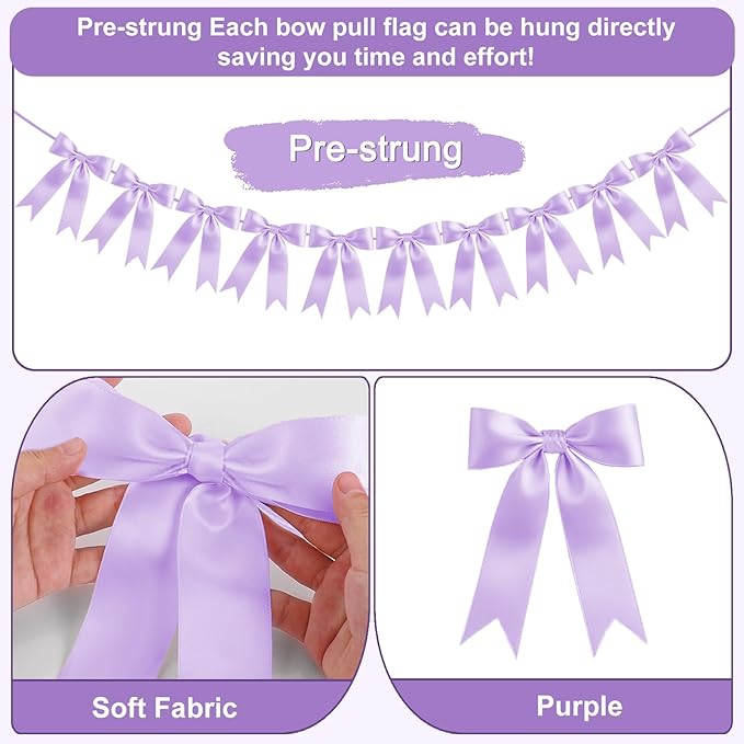 Purpe Bow Garland Bow Banner Bow Party Decorations Pre-Strung Large Coquette Satin Ribbon for Birthday Bachelorette Party Bridal Shower Wedding Engagement Baby Shower