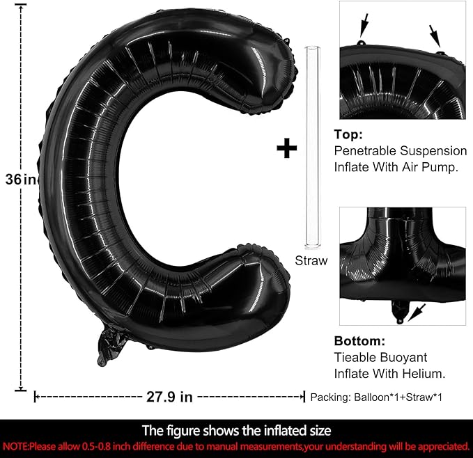 Lovoir 40 Inch Large Black Letter C Balloons Big Size Jumbo Mylar Foil Helium Balloon for Birthday Party Celebration Decorations Alphabet Black C
