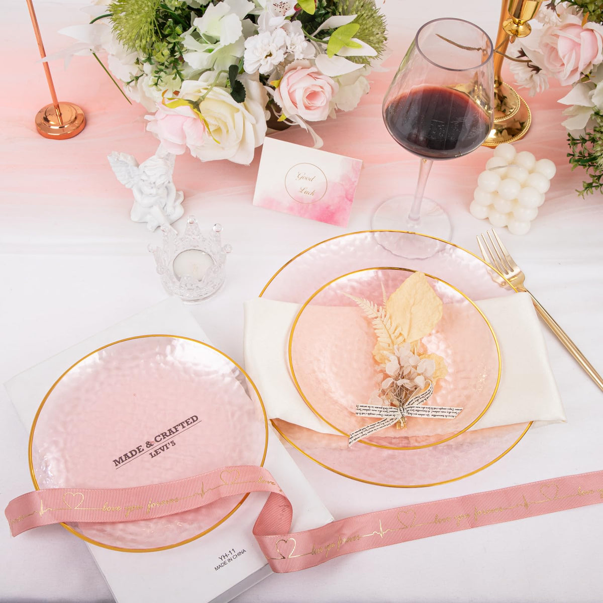 Rubtlamp 60Pcs Pink Plastic Plates,Clear Pink Plates With Gold Rim,Hammered Gold Plates Include 30Pink Plastic Dessert Platos, 30Gold Dinner Platos For Party