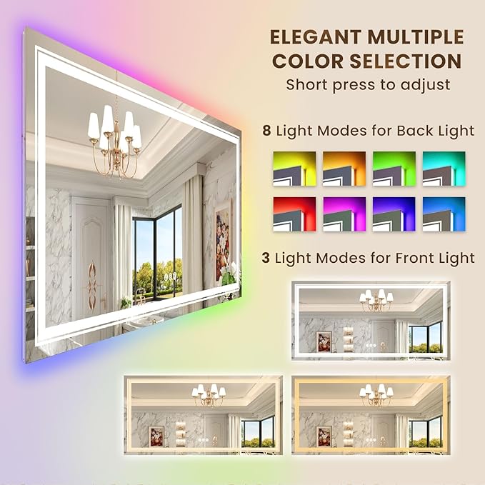 WTTY LED Bathroom Mirror 60"x30" with RGB Backlit and Front Light,Stepless Dimmable LED Mirror for Bathroom,Colored Lighted Bathroom Vanity Mirror,Anti-Fog,Memory Function,Shatter-Proof