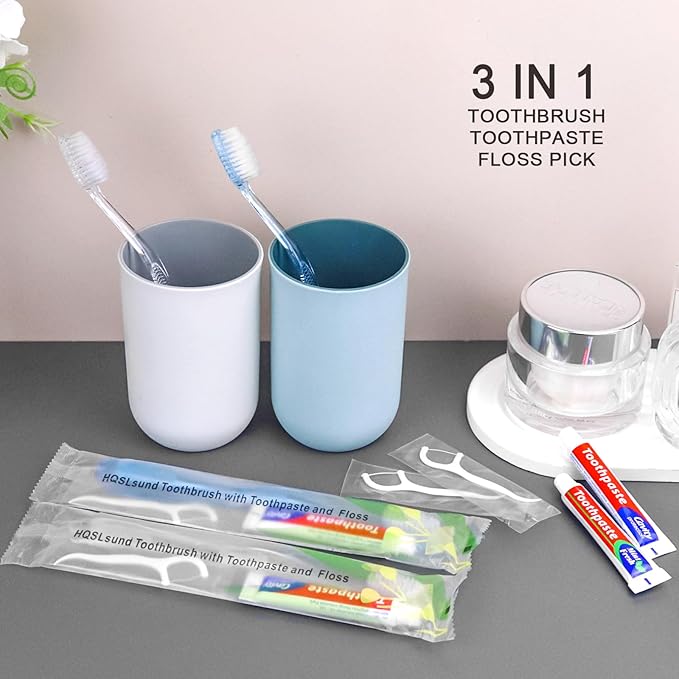 100 pcs Disposable Toothbrushes with Toothpaste Floss Individually Wrapped, 2 Color Toothbrush, 10g Toothpaste, Floss Pick, Bulk Toothbrush for Homeless,Airbnb,Hotel,Guest