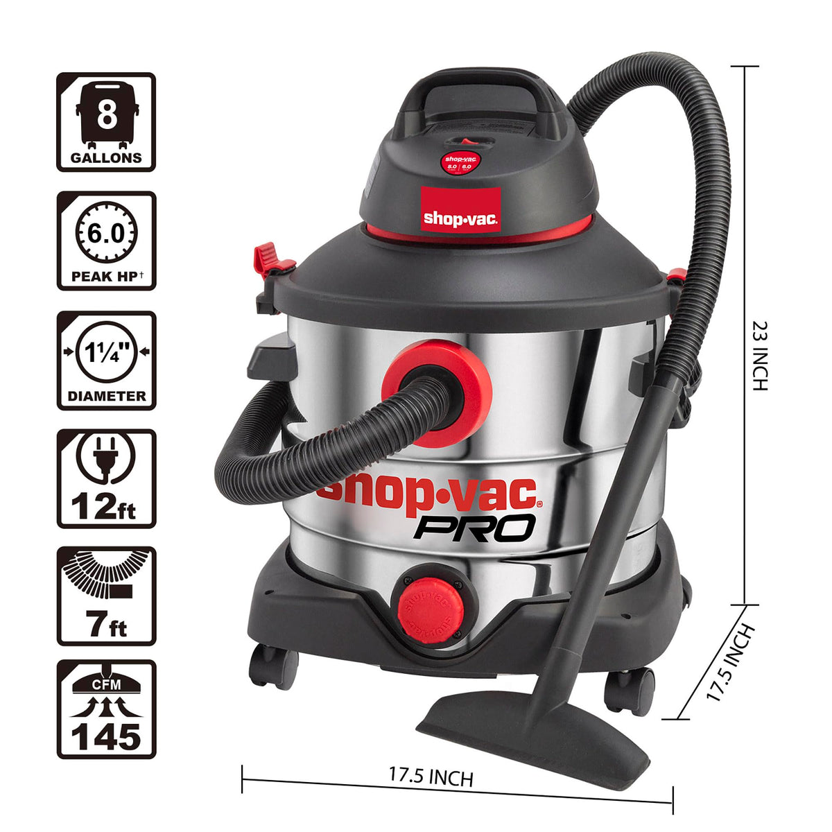 Shop-Vac 8 Gallon 6.0 Peak HP Wet/Dry Vacuum, Stainless Steel Tank, Portable Shop Vacuum with Multifunctional Attachments for Jobsite, Garage & Workshop. 5989400