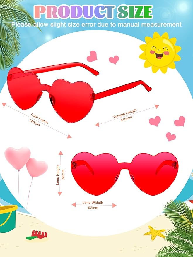 12 Pairs Heart Shaped Sunglasses for Women Colorful Glasses Fun Trendy Transparent Heart Sunglasses Party Favor (Assorted Colors)