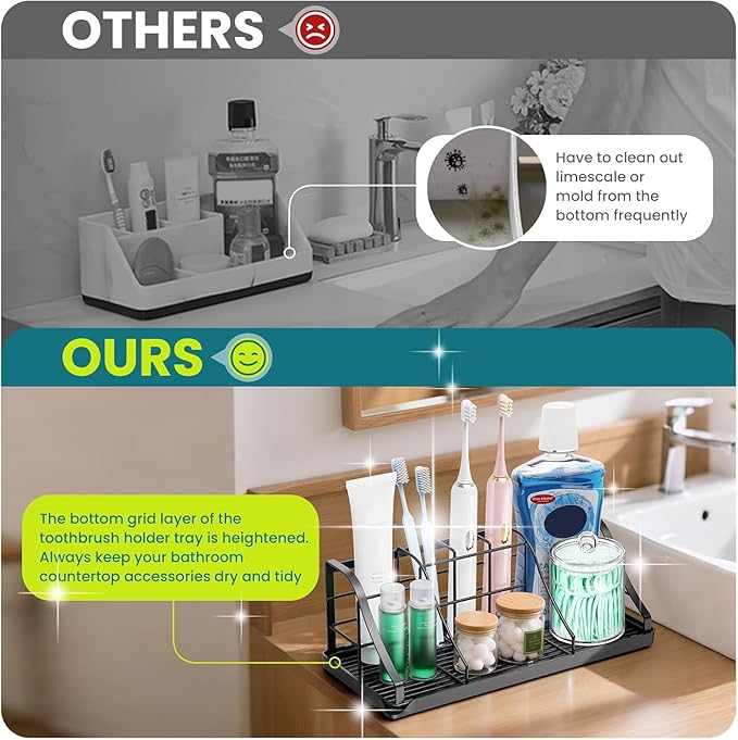 Bathroom Countertop Organizer - Detachable 7 Slots Kids Electric Black Toothbrush and Toothpaste Holder Drainage Tray for Bathroom Accessories Organization Counter Vanity Sink Storage