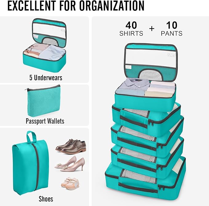Veken 10 Set Packing Cubes for Travel Essentials, Suitcase Organizer Bags in 4 Sizes, Carry-On Luggage Accessories with Large Laundry Bag & Passport Holder, Must-Have for Airplane, Road Trip & Camping