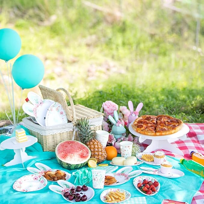 KEPATO Easter Bunny Party Supplies for 16 Guests, 113 Pcs Disposable Tableware Set with Plates, Napkins, Cups, Forks and Spoons for Easter Bunny Birthday Party Decorations