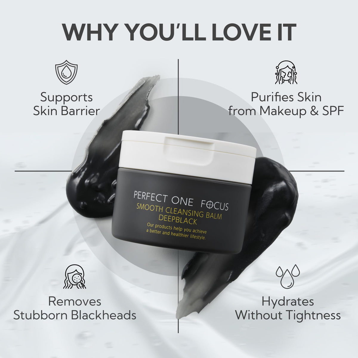 PERFECT ONE FOCUS Smooth Cleansing Balm Deep Black–Makeup Remover Balm with Charcoal & Gold Vitamin C, Helps Clear Pore Clogs,Hydrating Ceramides,Gentle Face Cleanser,Waterproof Mascara Remover–2.64oz