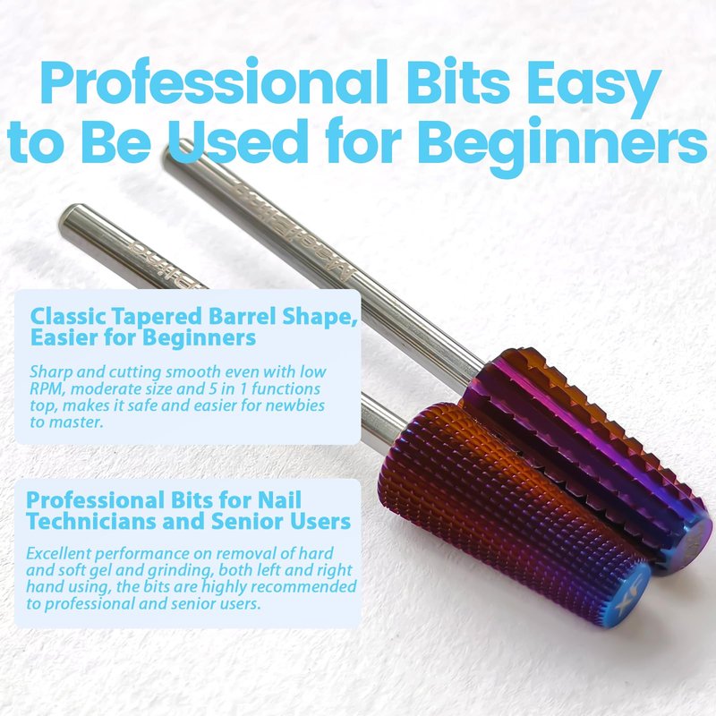 Flat Top 5-in-1 Straight Cut Nail Drill Bit, Large Tapered Barrel 3/32’’ Tungsten Carbide Efile Bit, Hard Gel Acrylic Removal Polishing, Professional Safety Left & Right Hand Bit, Extra Coarse.