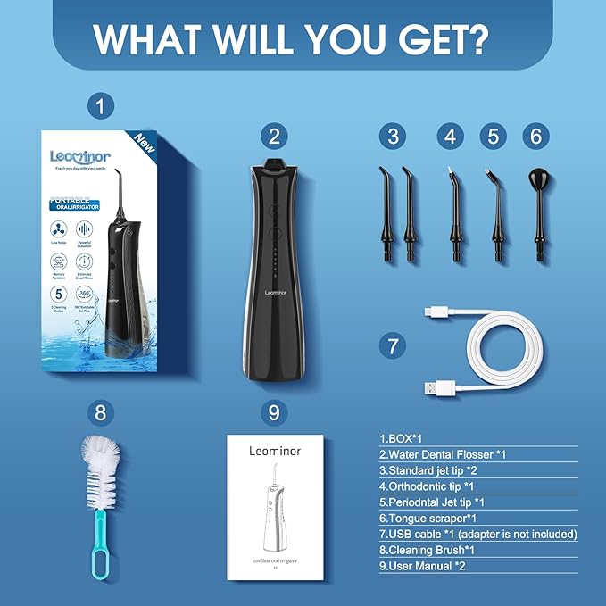 Leominor Water Dental Flosser - 5 Modes Cordless Portable Oral Irrigator, IPX7 Waterproof, Rechargeable Teeth Cleaner Upgrade Datchable Tank Professional Flossing Cleaning Pick for Home Travel (Black)