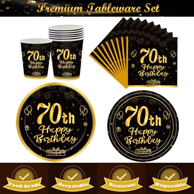 120Pcs 70th Birthday Party Supplies Plates Napkins Cups Forks Tableware Set Gold Black Happy 70th Birthday Themed Disposable Tableware Decoration Serves 24 Guests for Women and Men
