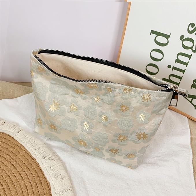 HAPPYHEIDI Aesthetic Floral Makeup Bag Cosmetic Travel Zipper Pouch,Purse Make Up Organizer, Textured Fabric,Canvas Lined,Beige Golden,Large